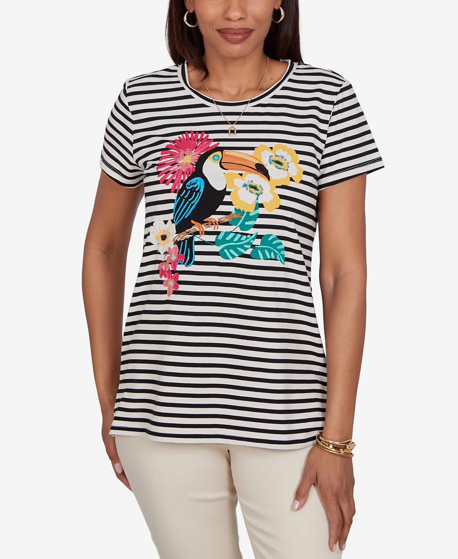Ruby Rd. Petite Embellished Toucan Stripe Knit T-Shirt
