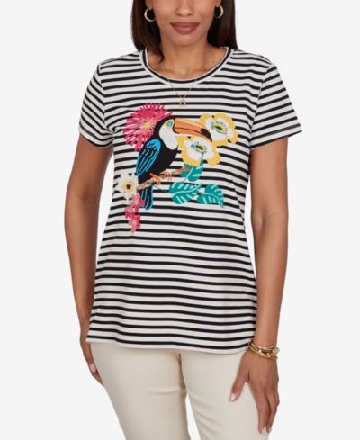 Ruby Rd. Petite Embellished Toucan Stripe Knit T-Shirt
