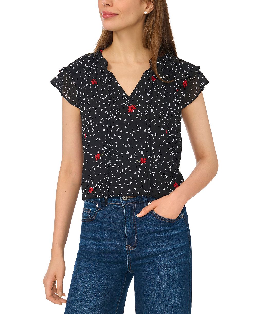 Женский топ CeCe Printed Flutter-Sleeve Tie Neck