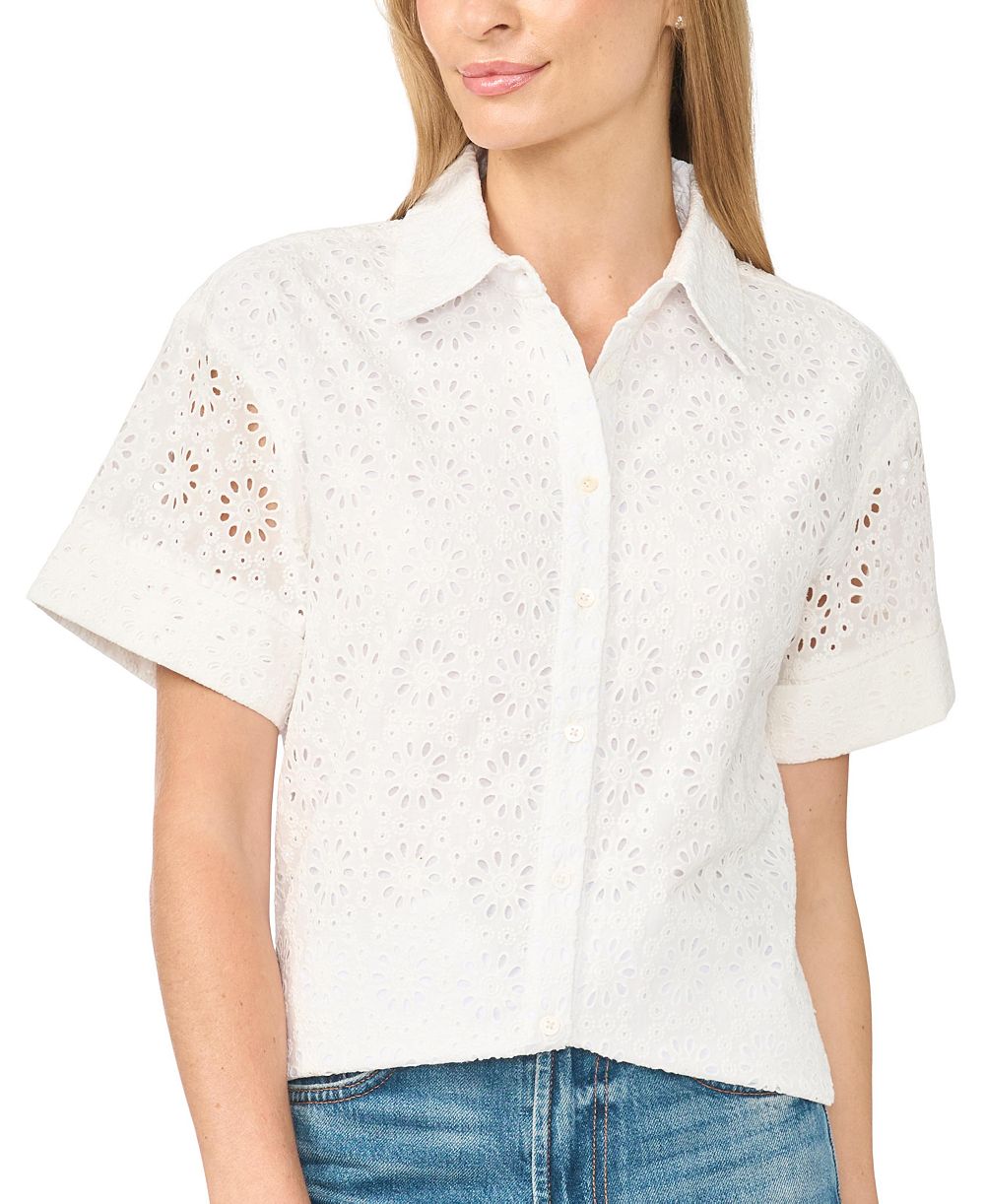CeCe Женская блузка Eyelet с коротким рукавом на пуговицах