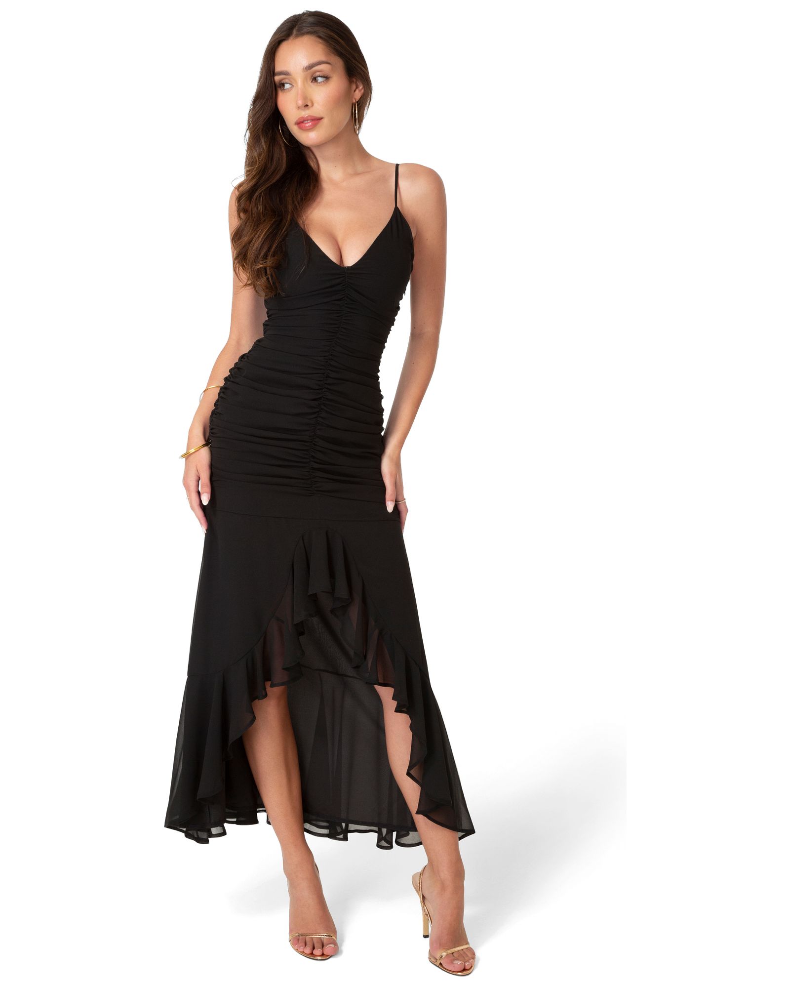 Bebe Women's Ruched Chiffon Cascade Gown