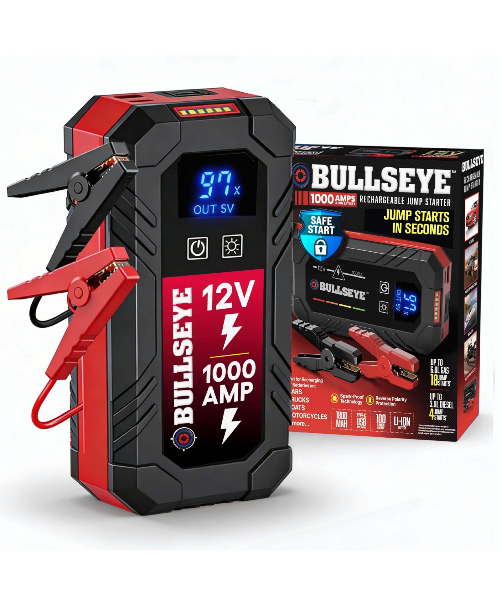 Bullseye Портативный пусковой механизм для аккумулятора 12V 1800mAh с фонариком, Power Bank