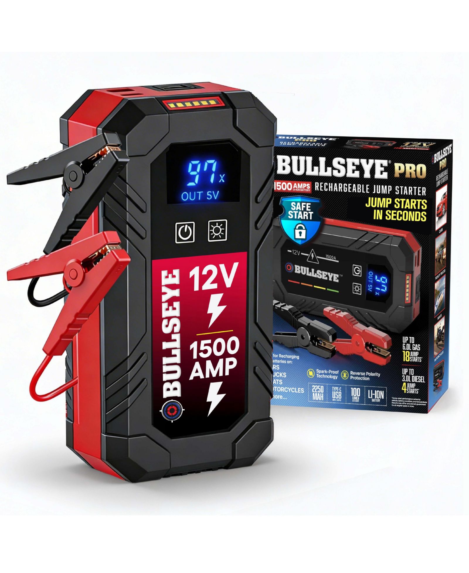 Bullseye Pro 12V 2250mAh Rechargeable Portable Battery Jump Starter with LED Emergency Light Power Bank