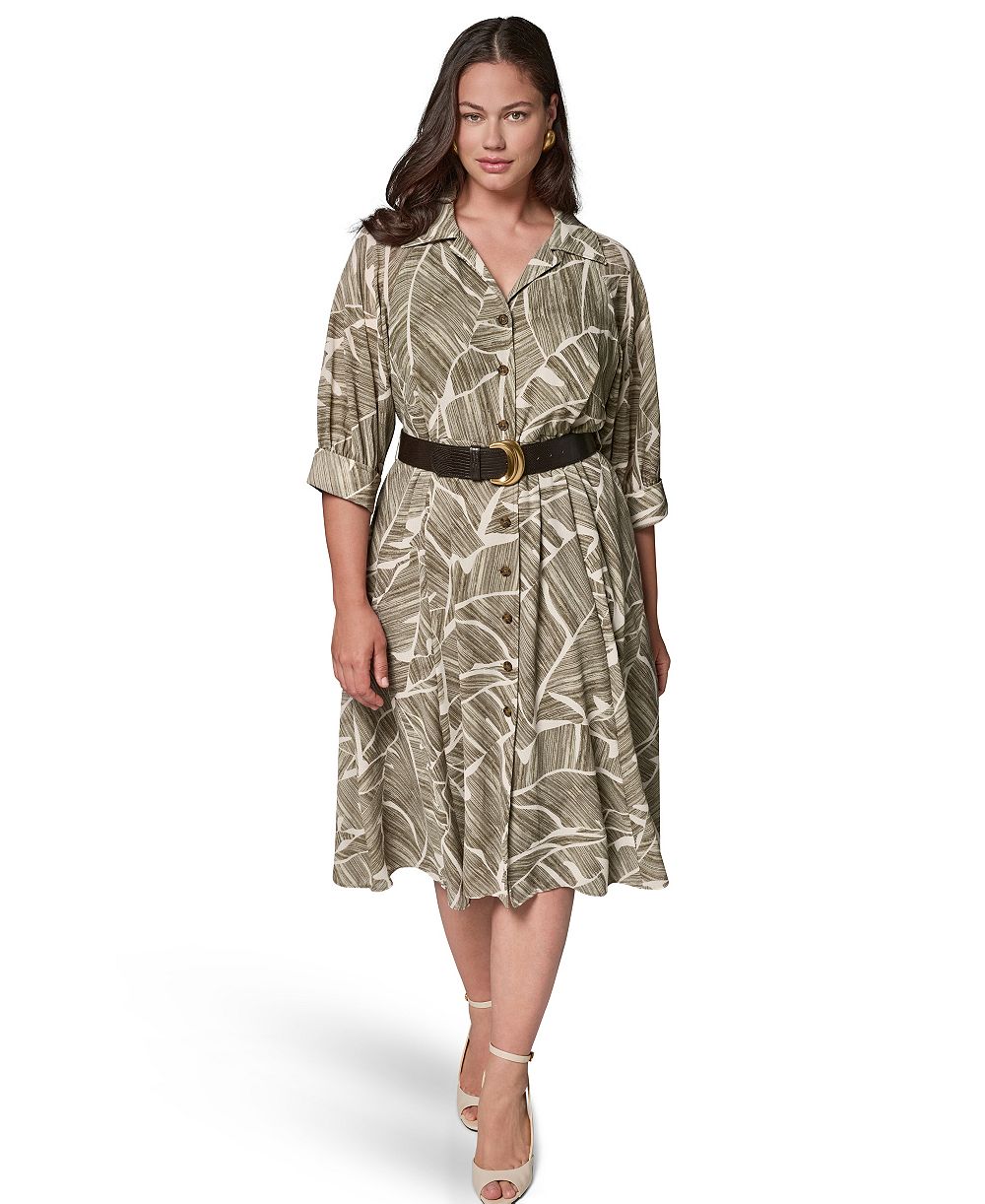 Платье-рубашка Donna Karan New York Plus Size Printed 3/4-Length-Sleeve Belted Midi