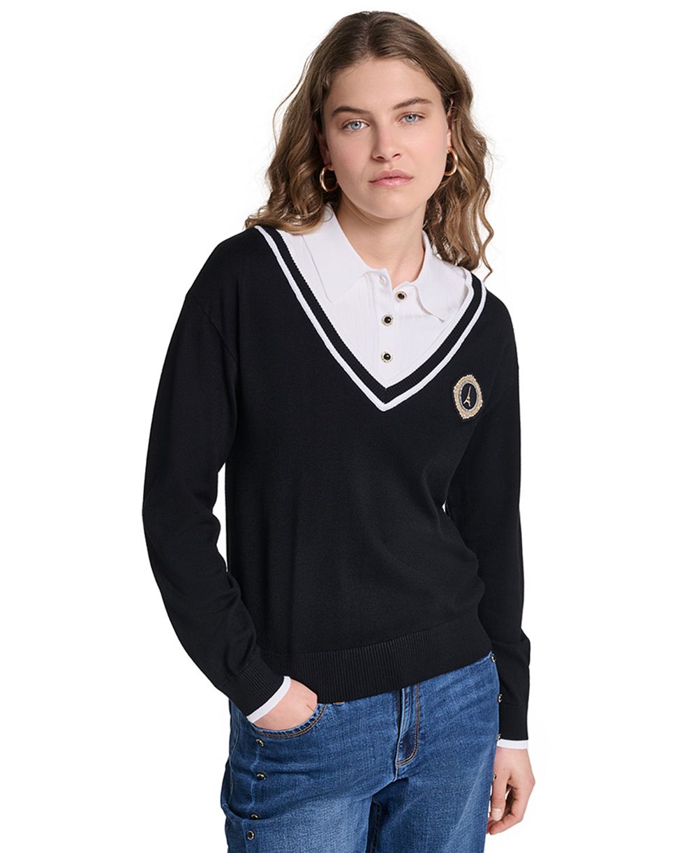 KARL LAGERFELD PARIS Petite Twofer Collared Sweater