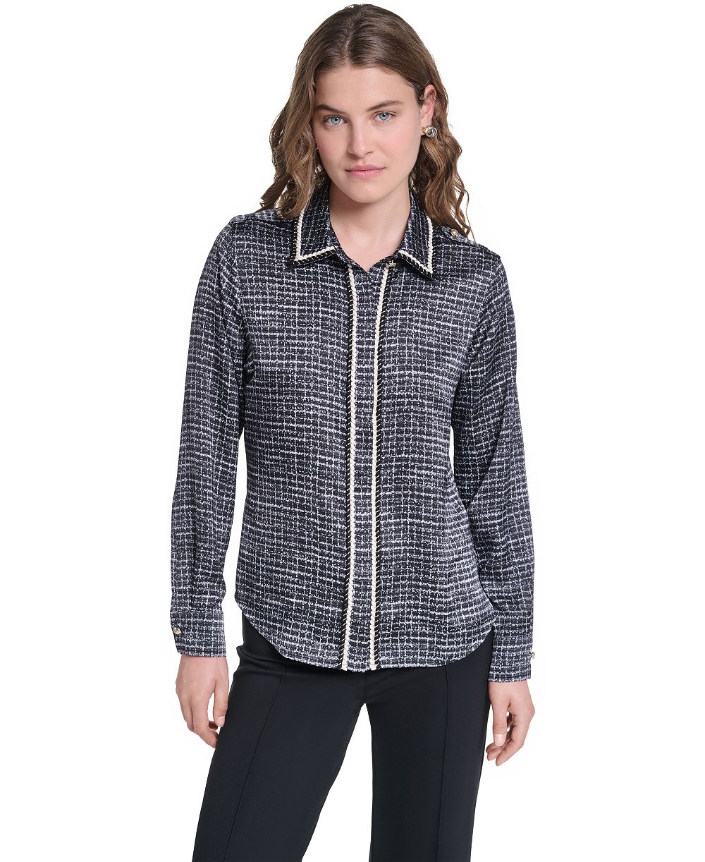 KARL LAGERFELD PARIS Petite Print Tweed Trim Top