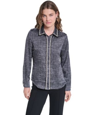 KARL LAGERFELD PARIS Petite Print Tweed Trim Top