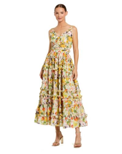 Женское платье Mac Duggal Floral Print Tiered Ruffle Midi