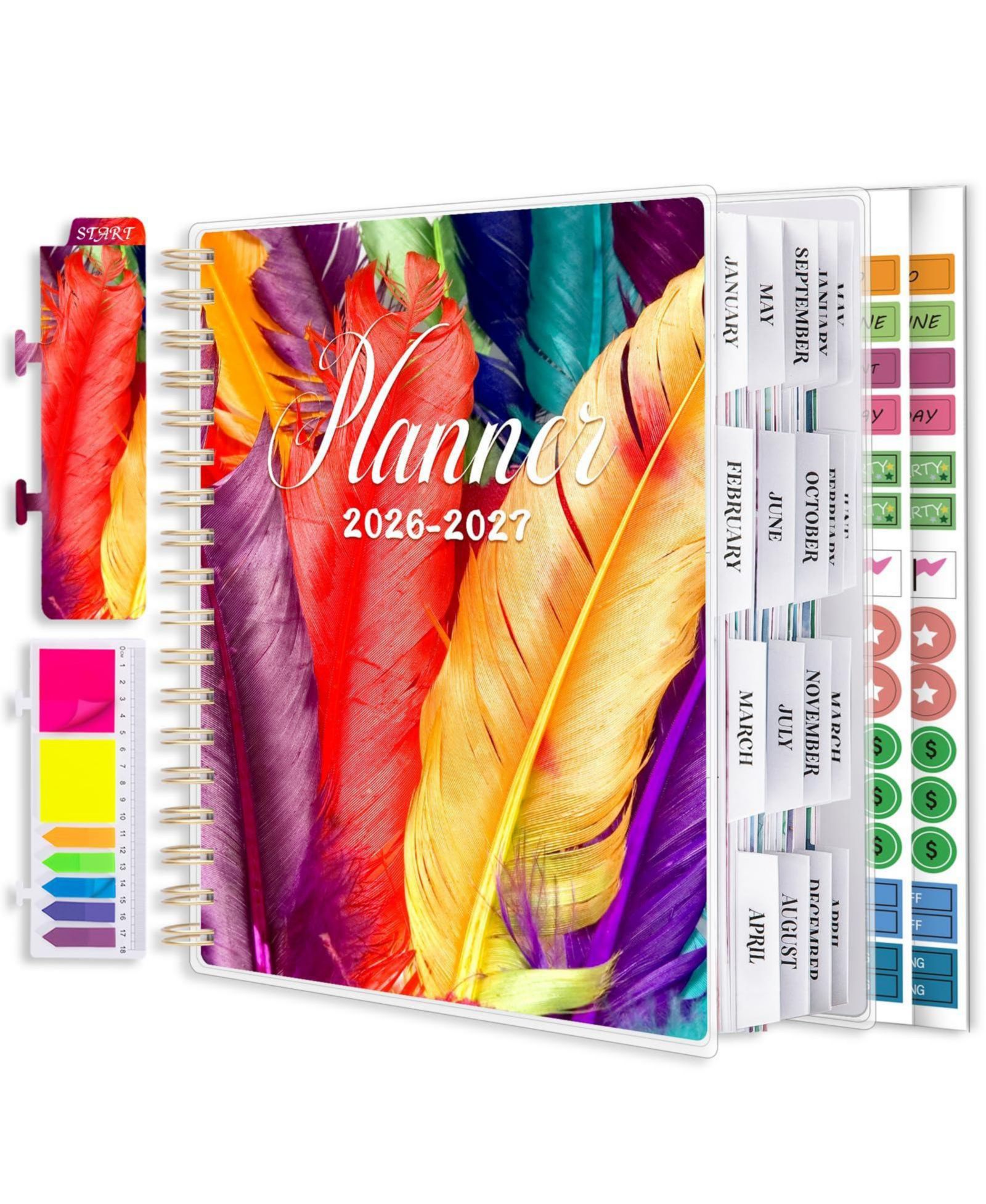 GNUADZ Academic Planner  18 Months Daily Weekly Monthly Agenda Feather Tabs Pocket Stickers 2026-2027