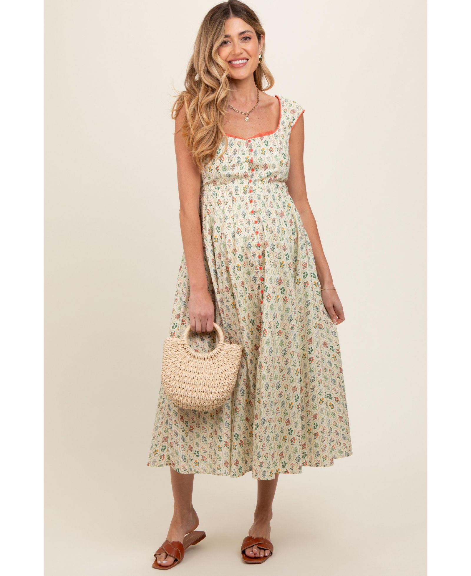 Pinkblush Women's Cream Floral Button Front Sleeveless Maxi Dress