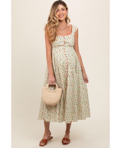 Pinkblush Women's Cream Floral Button Front Sleeveless Maxi Dress