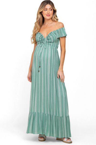Pinkblush Women's Green Striped Off Shoulder Front Tie Maxi Dress