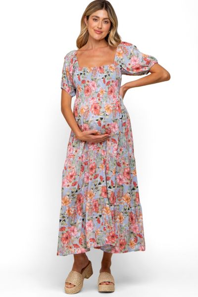 Pinkblush Women's Blue Floral Smocked Square Neck Tiered Maxi Dress