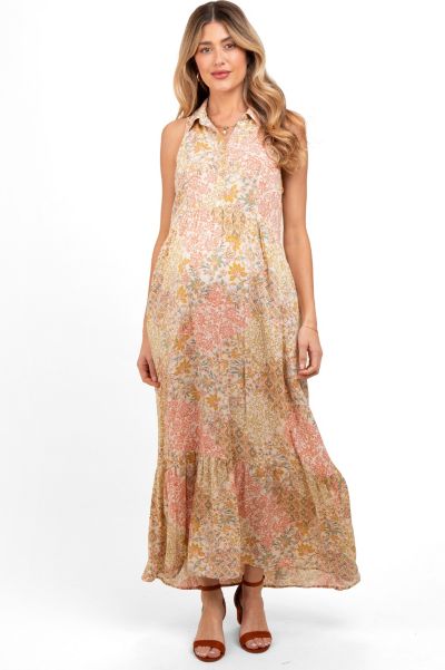 Pinkblush Women's Peach Floral Sleeveless Button Tiered Collared Maxi Dress
