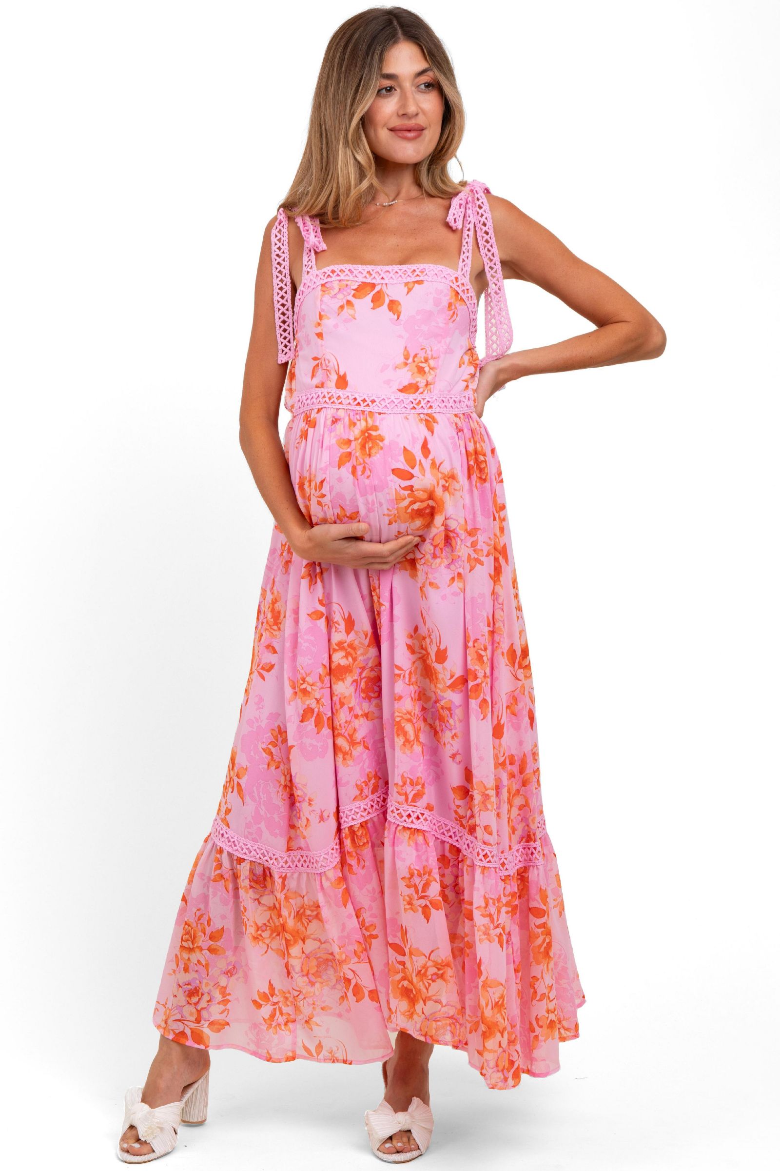 Pinkblush Женское розовое цветочное платье макси с завязками на плечах