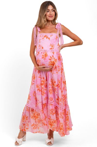 Pinkblush Women's Pink Floral Shoulder Tie Tiered Maxi Dress