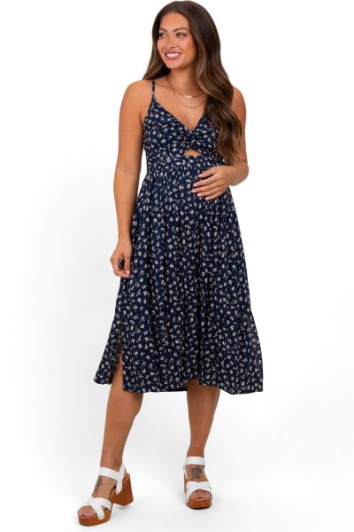 Pinkblush Women's Navy Floral Twist Front Cut Out Midi Dress