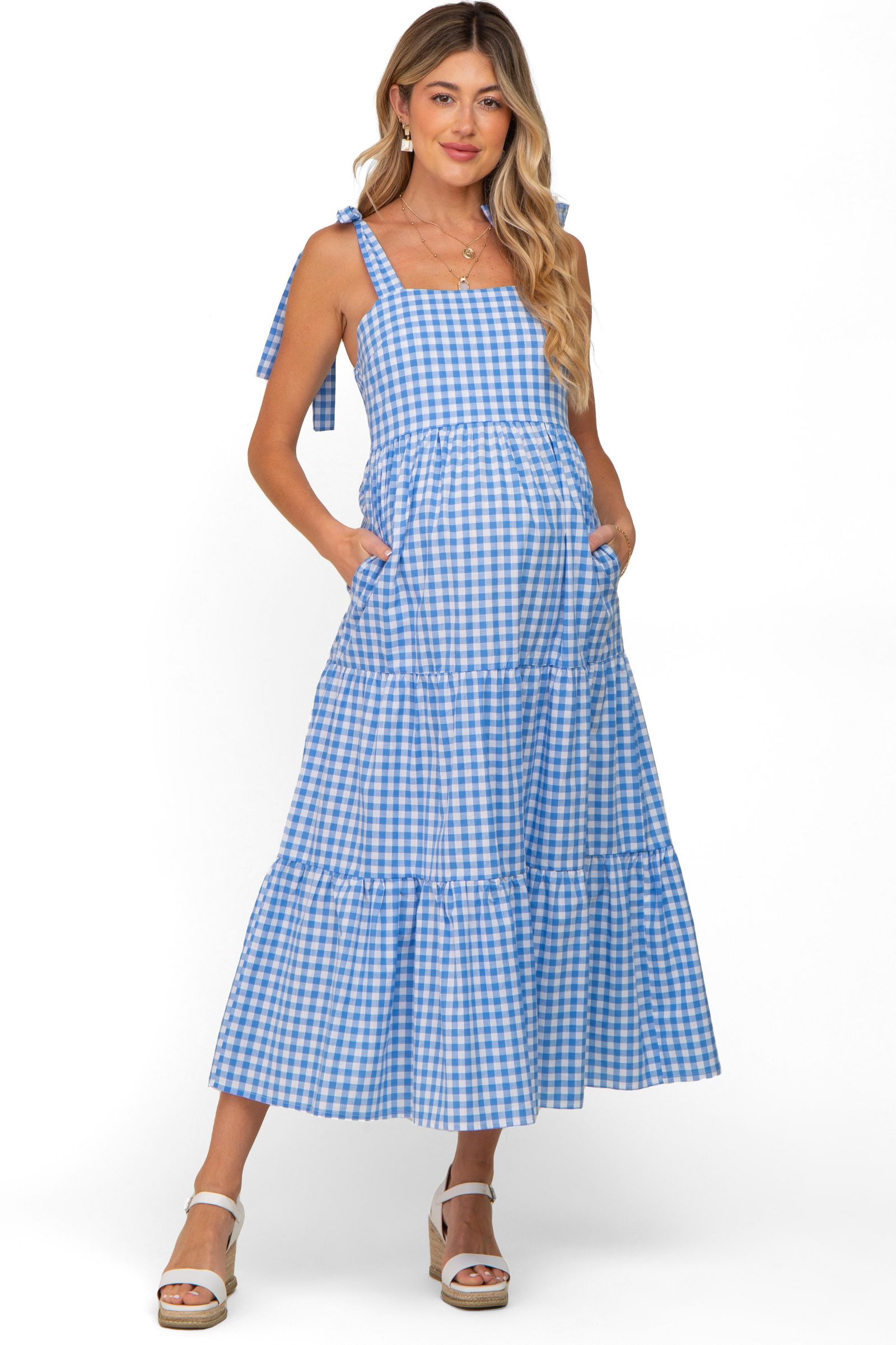 Женское платье Pinkblush Blue Checkered Sleeveless Tiered Maxi с многоуровневым подолом