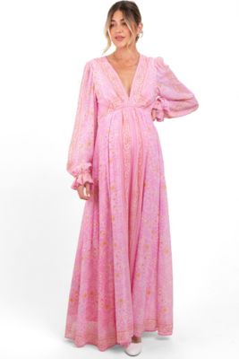 Pinkblush Women's Pink Paisley Deep V-Neck Long Sleeve Maxi Dress