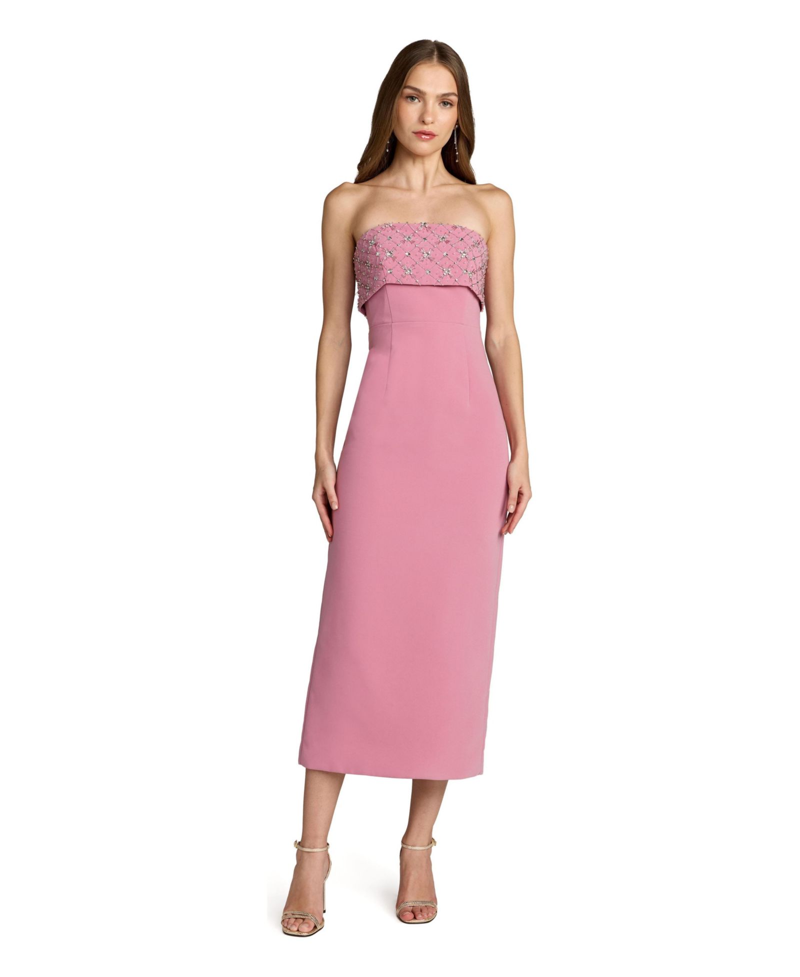 Mac Duggal Women's Strapless Crepe Midi Dress with Rhinestone Embellished Bodice