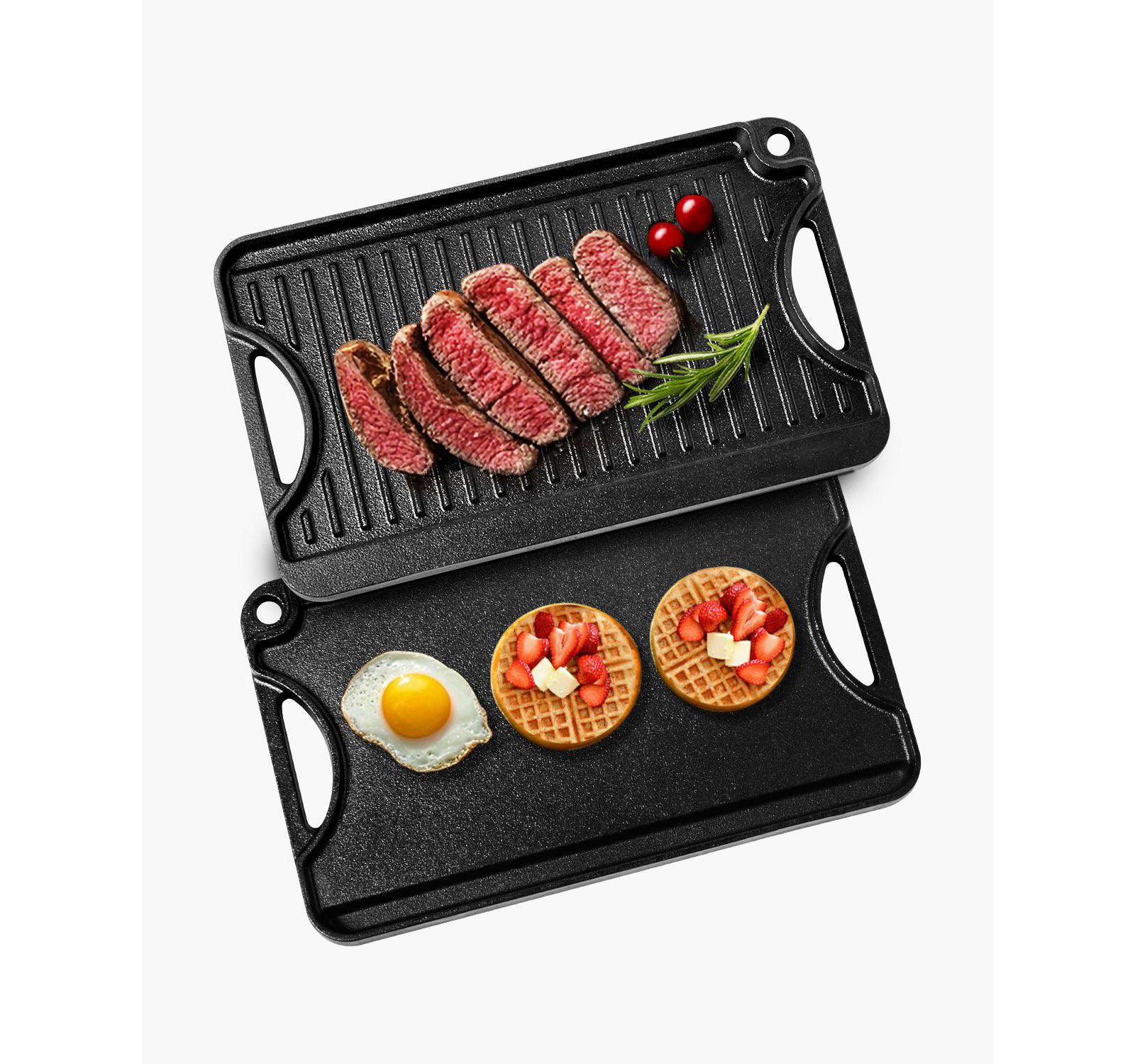 Mecale Reversible Cast Iron Grill/Griddle, 14" x 8.5", Pre-Seasoned, Portable Pan with Handle, Indoor/Outdoor