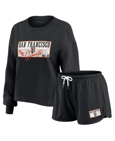 WEAR by Erin Andrews Women's 3-Piece Black San Francisco Giants Heavy Rugby Jersey Cropped Long Sleeve T-Shirt, Shorts and Lounge Set