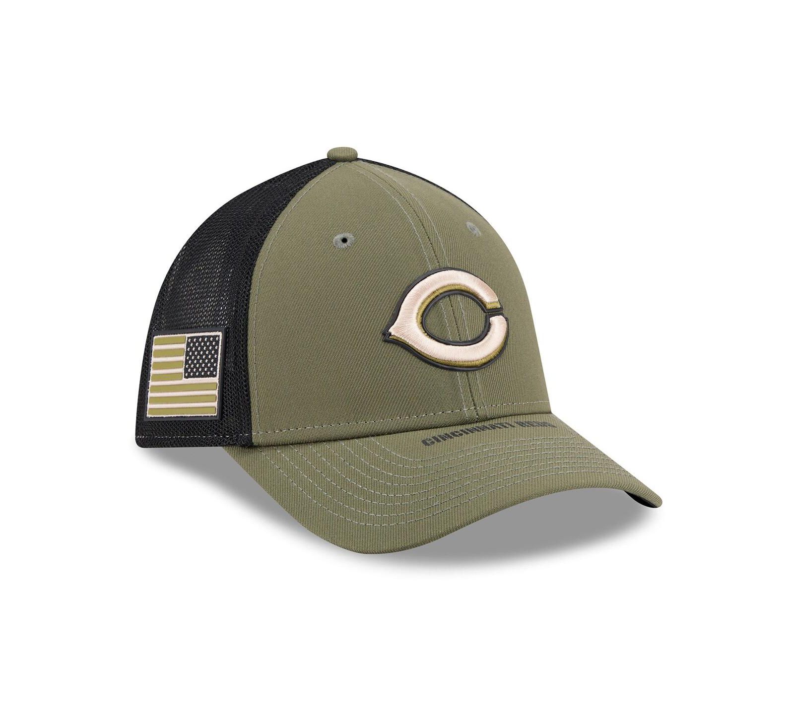 Мужская кепка New Era Olive Cincinnati Reds 2026 Armed Forces Day 39THIRTY M-Crown Flex