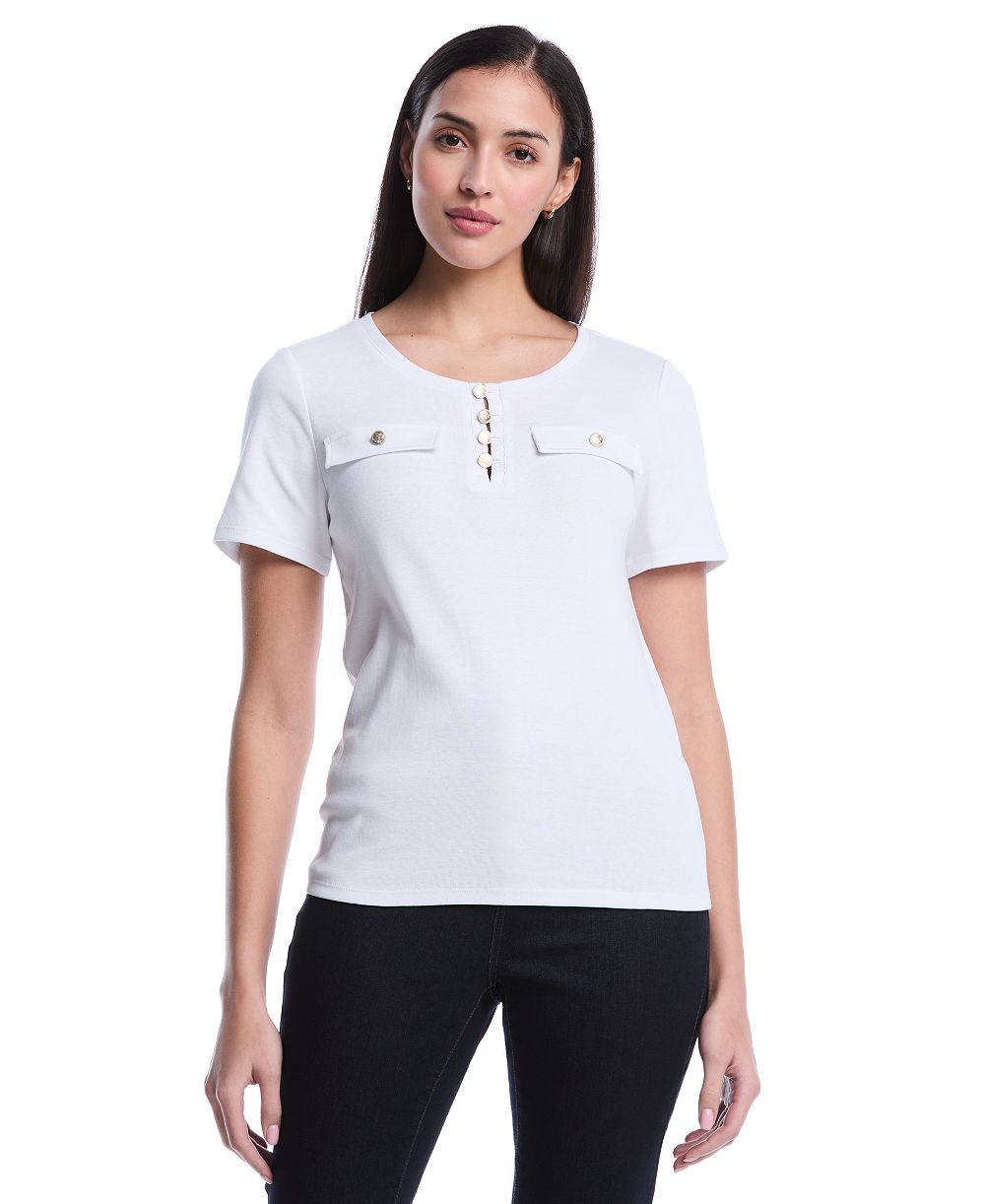 Rafaella Petite Welt Pocket Button Detail Short-Sleeve Top