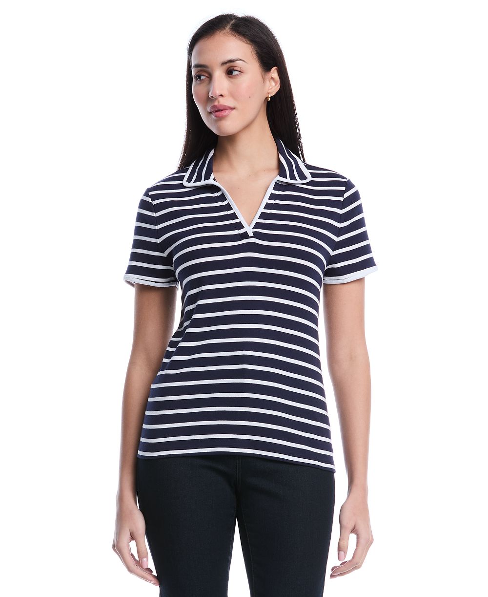 Поло рубашка Rafaella Petite Striped Contrast Trim Johnny Collar Short-Sleeve