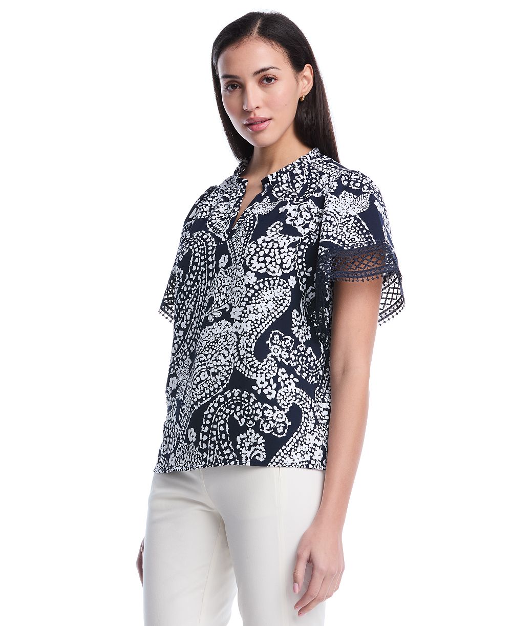 Rafaella Petite Paisley Print Flutter Lace Short-Sleeve Blouse