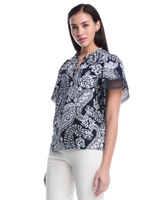 Rafaella Женская блузка Petite Paisley Print Flutter Lace Short-Sleeve