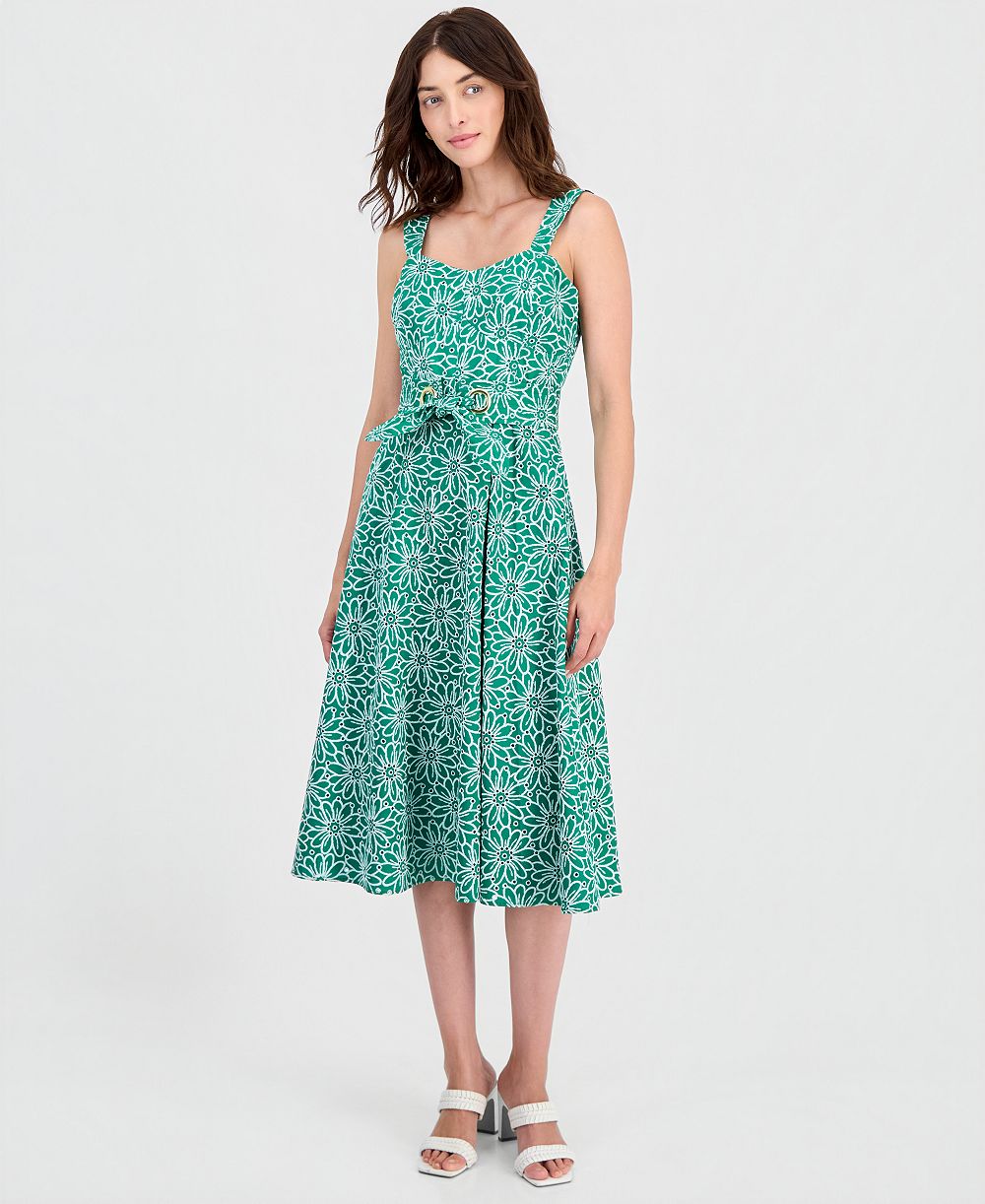 Платье миди Tahari ASL Women's Cotton Eyelet с поясом