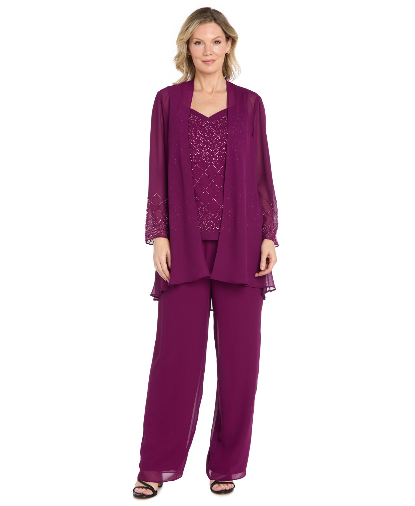 R & M Richards Women's Beaded Georgette Pull-On Tank Top, Jacket & Pants, 3-Piece Set