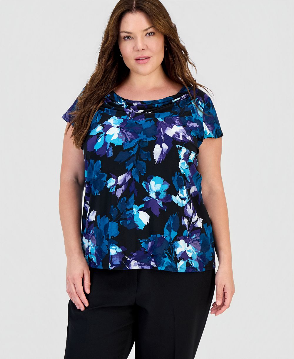 Женская блузка Kasper Plus Size Floral-Print Cowl-Neck Cap-Sleeve