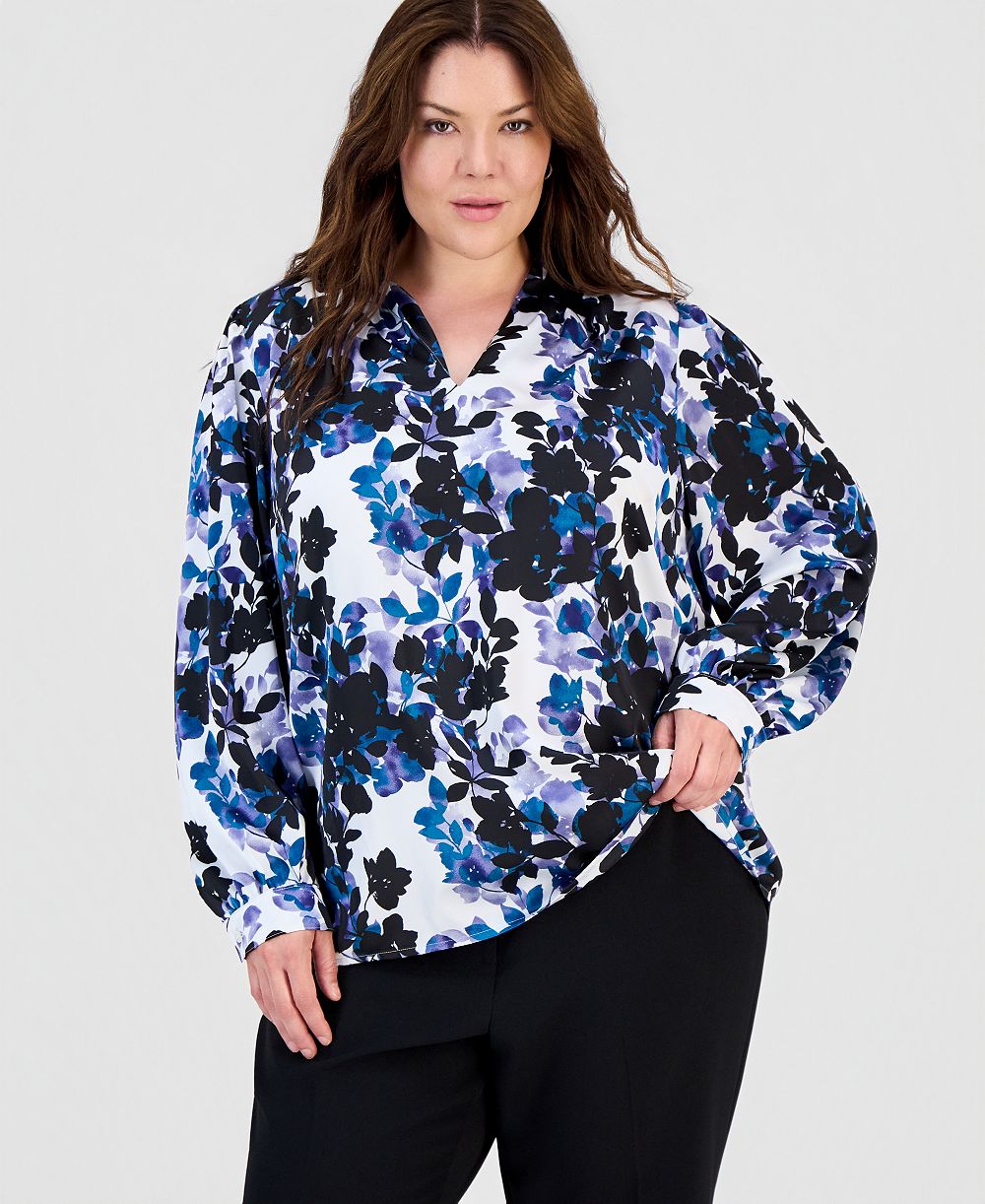 Блузка Kasper Plus Size с рукавами-буфами и V-образным вырезом, расцветка принт