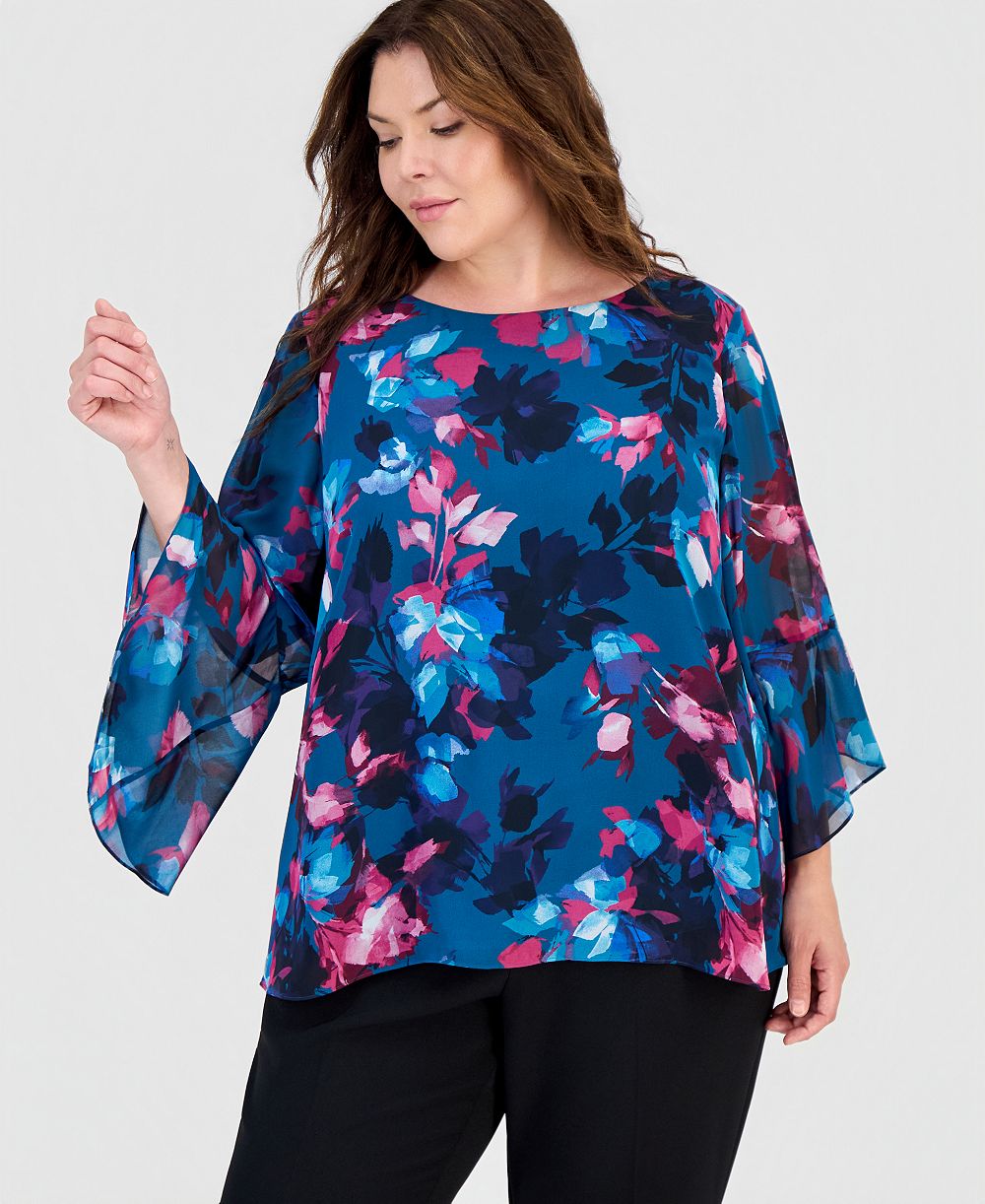 Kasper Plus Size Floral-Print Ruffle-Sleeve Blouse