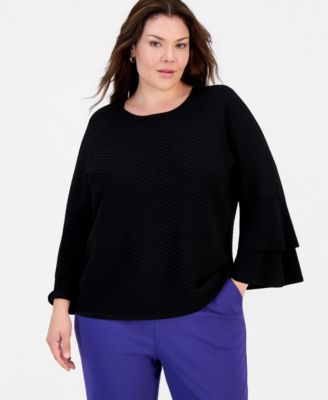 Kasper Plus Size Textured Knit Bell-Sleeve Top