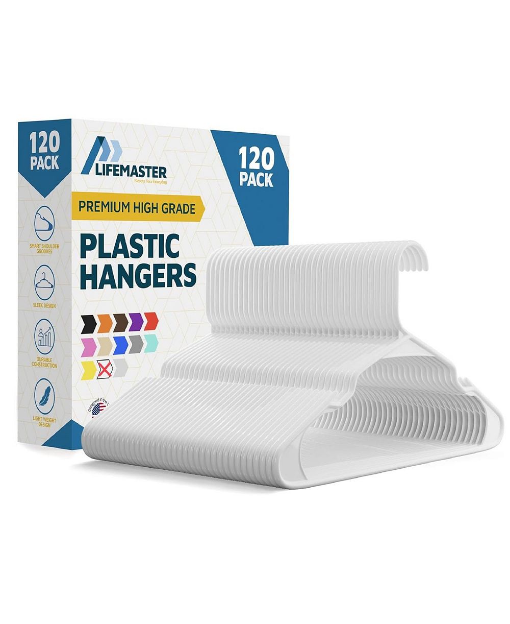 Lifemaster 120 Pc Plastic Clothes Hanger Set - Lightweight, space-saving, non-slip, slim design. Ideal for dry and wet clothes.