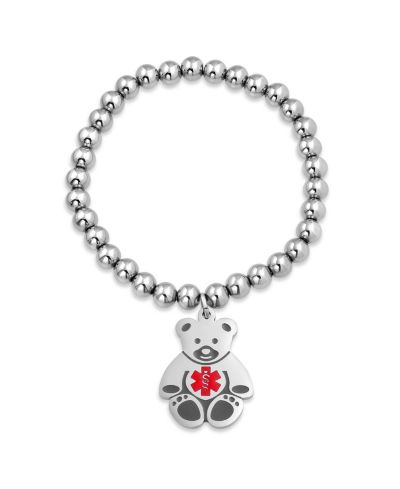 Bling Jewelry Whimsical Medical ID Bracelet Stretch Bead with Teddy Bear Charm for Small Wrist