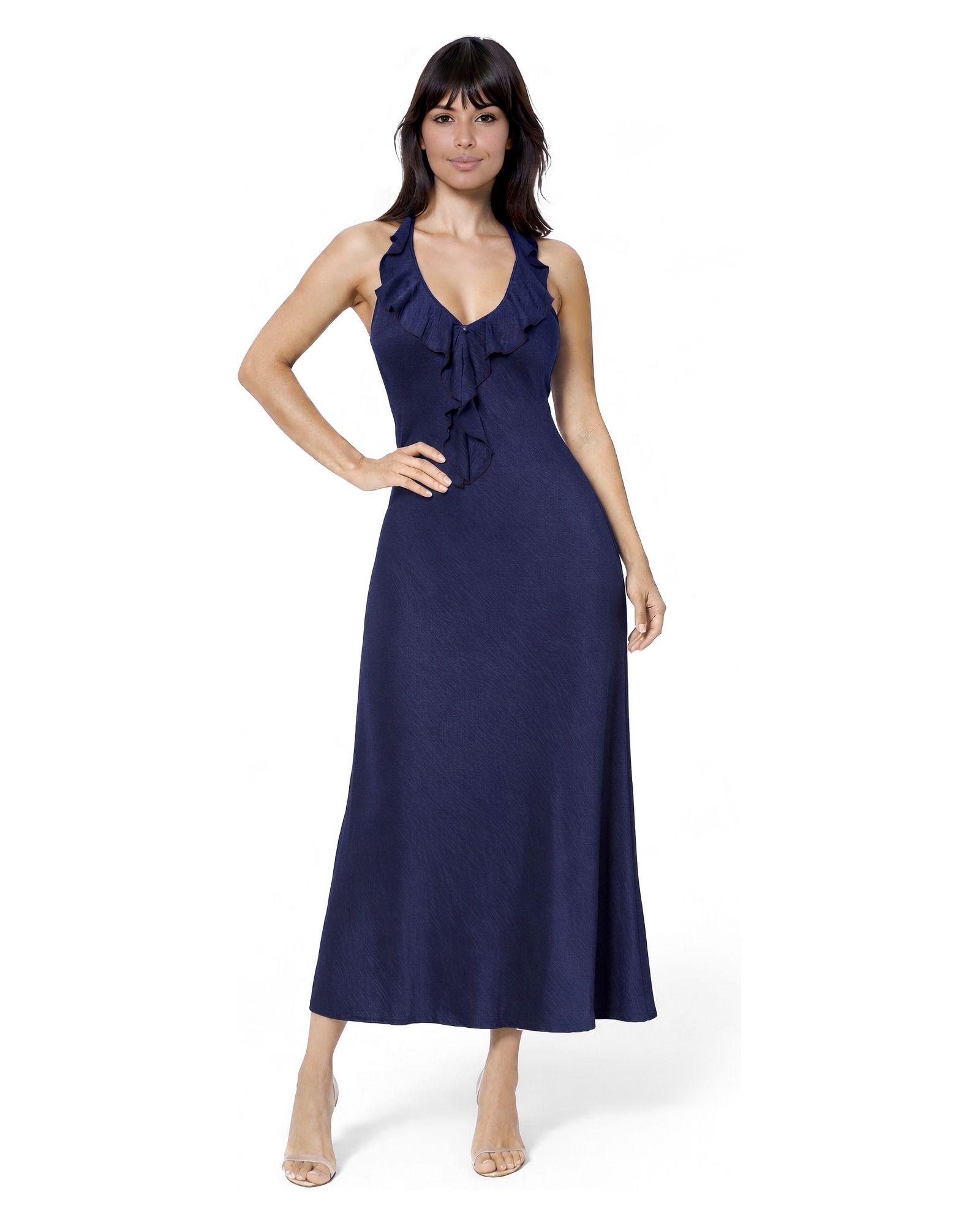 Женское платье Bebe Crushed Satin Ruffle Halter Maxi