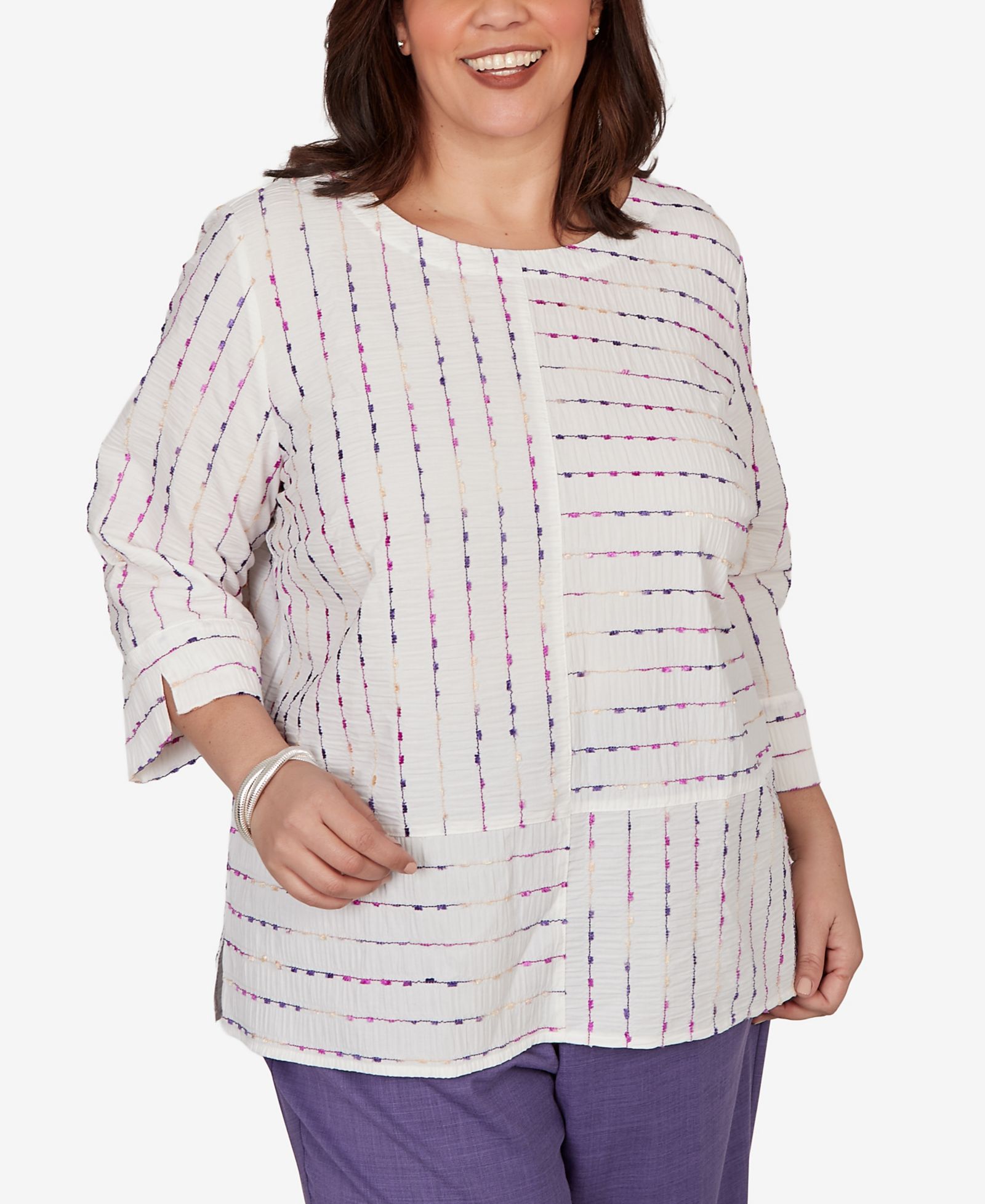 Топ Alfred Dunner Plus Size Grand Bazaar White Textured Rainbow Stripe