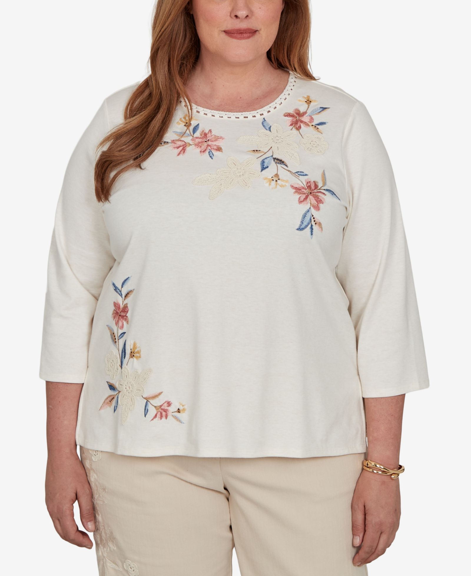 Alfred Dunner Plus Size Camden Market Crochet Embroidered Floral Knit Top