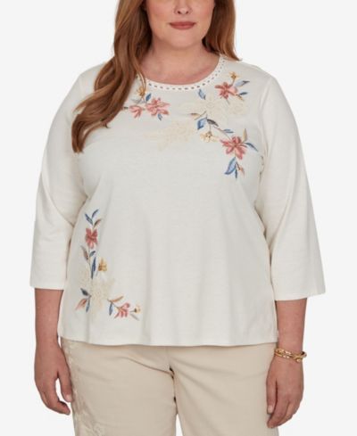 Alfred Dunner Plus Size Camden Market Crochet Embroidered Floral Knit Top
