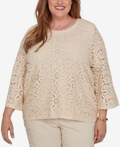 Alfred Dunner Plus Size Camden Market Floral Crochet Lined Knit Top