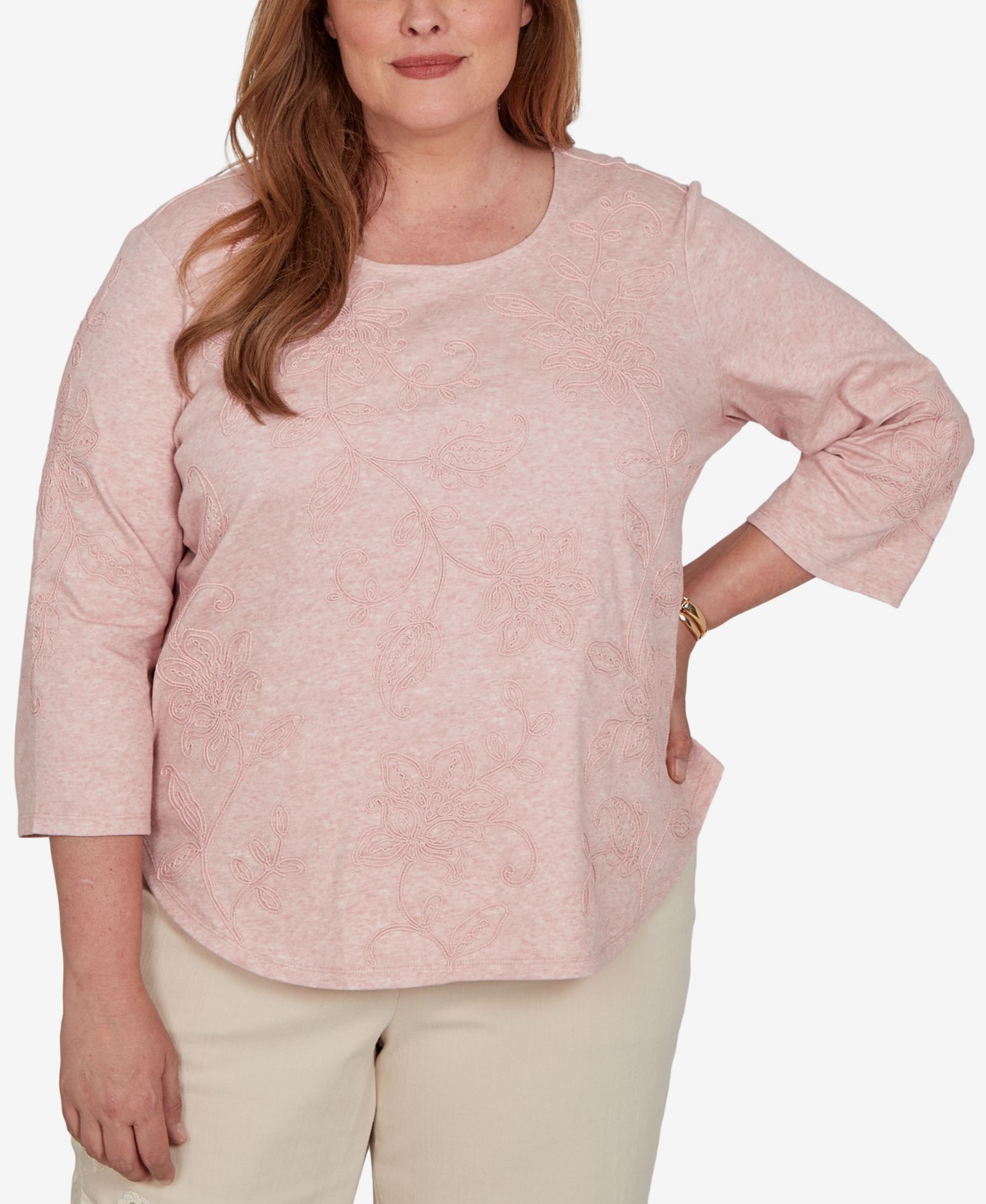 Alfred Dunner Plus Size Camden Market Tonal Floral Soutache Knit Top