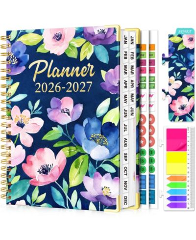 GNUADZ Planner18 Month Weekly Monthly Hardcover Calendar Tabs Pocket Bookmark Stickers Sticky Notes Floral  2026-2027