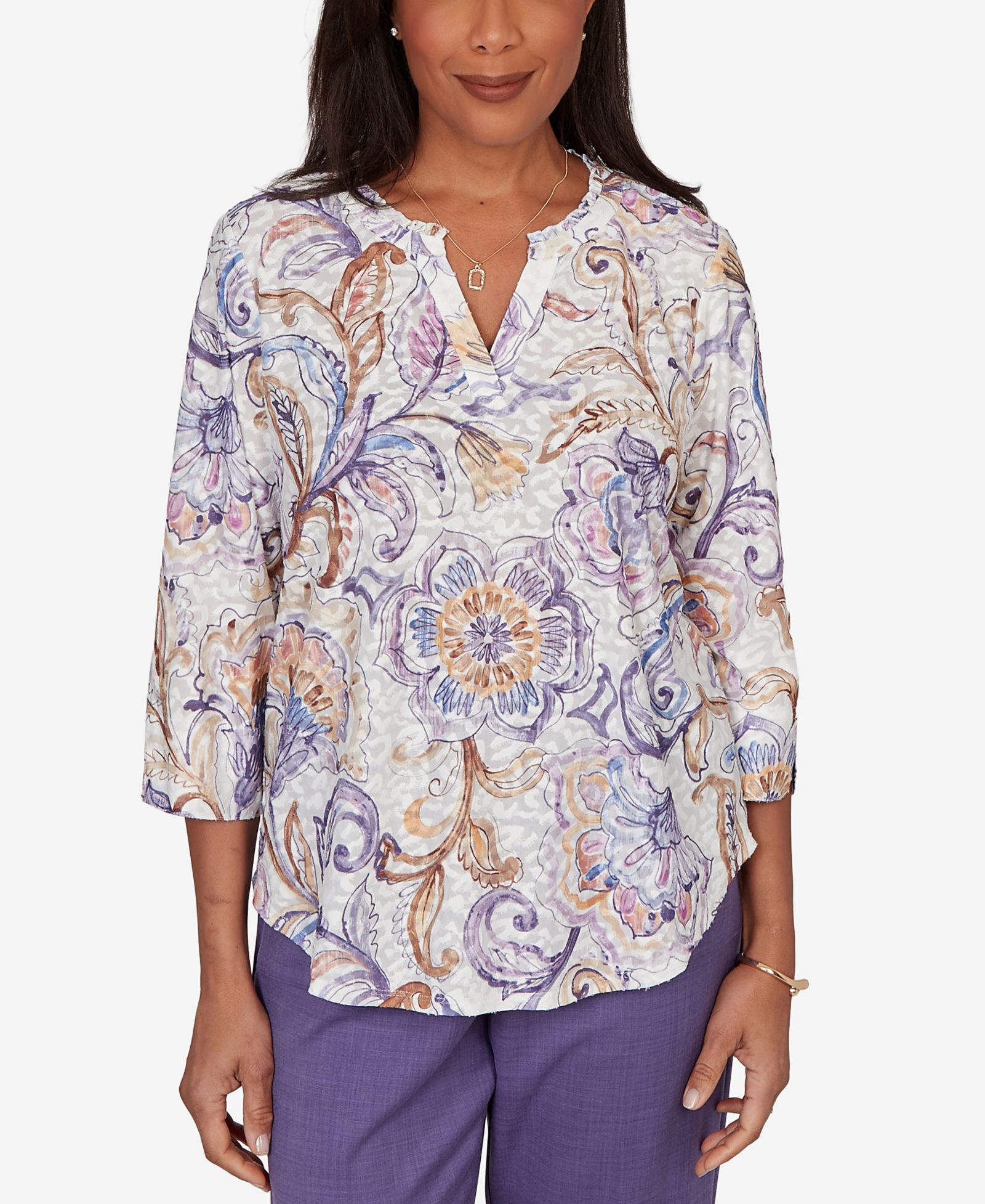 Топ Alfred Dunner Petite Grand Bazaar Jacobean Floral Split Neck