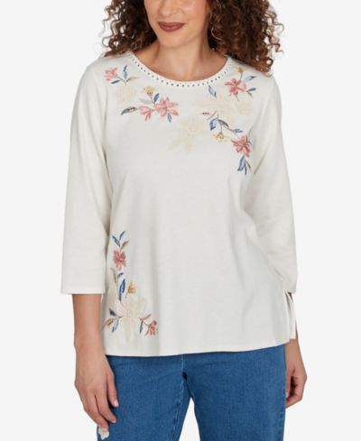 Женский трикотажный топ Alfred Dunner Petite Camden Market с цветочной вышивкой