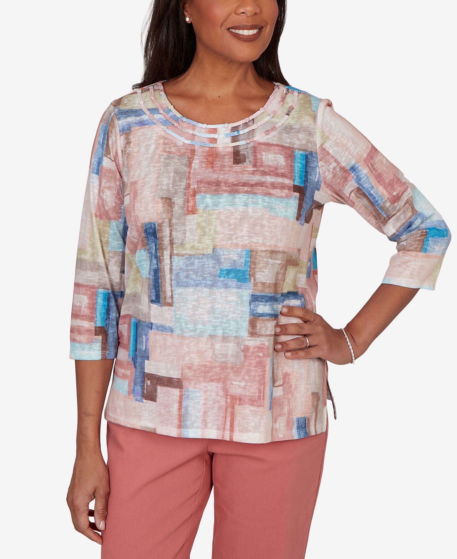 Alfred Dunner Petite Camden Market Painted Color Blocks Knit Top