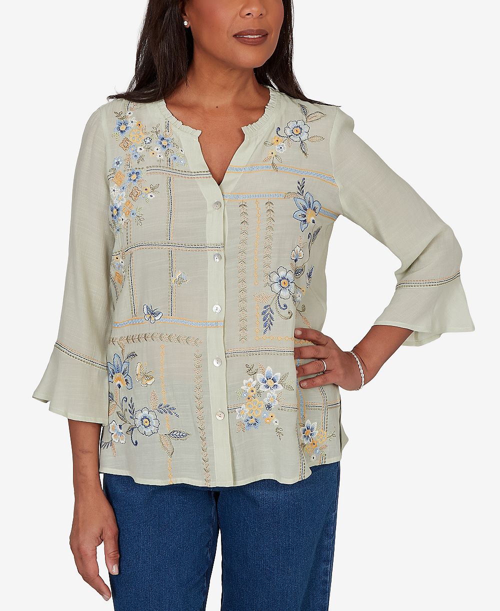 Alfred Dunner Petite Floral Embroidered Squares Button-Front Top